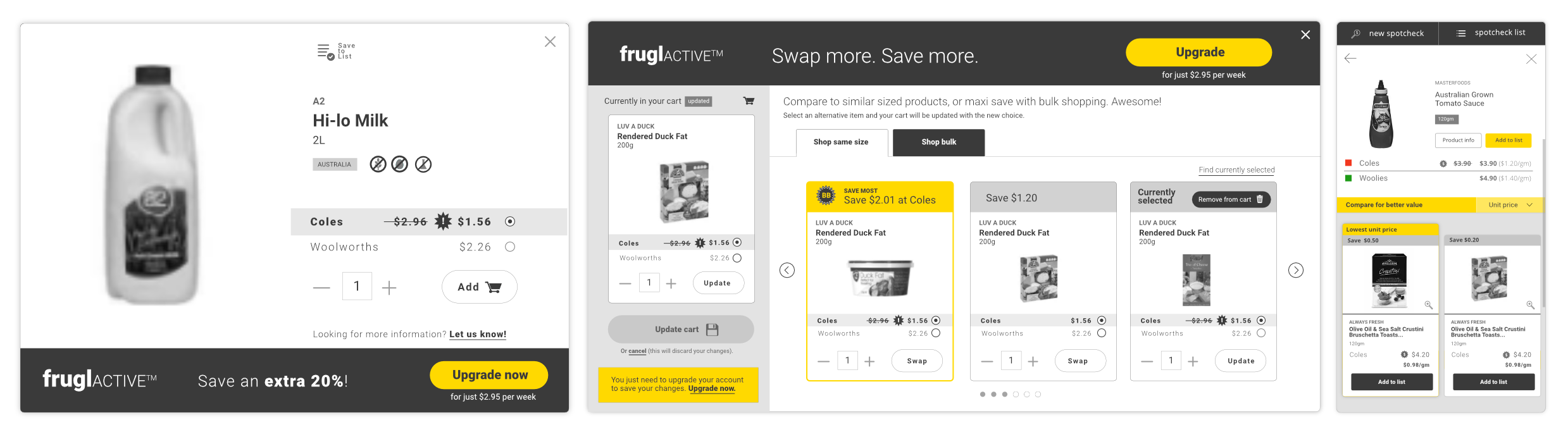 Some original modal concepts, UI design by Charlotte Clark for frugl