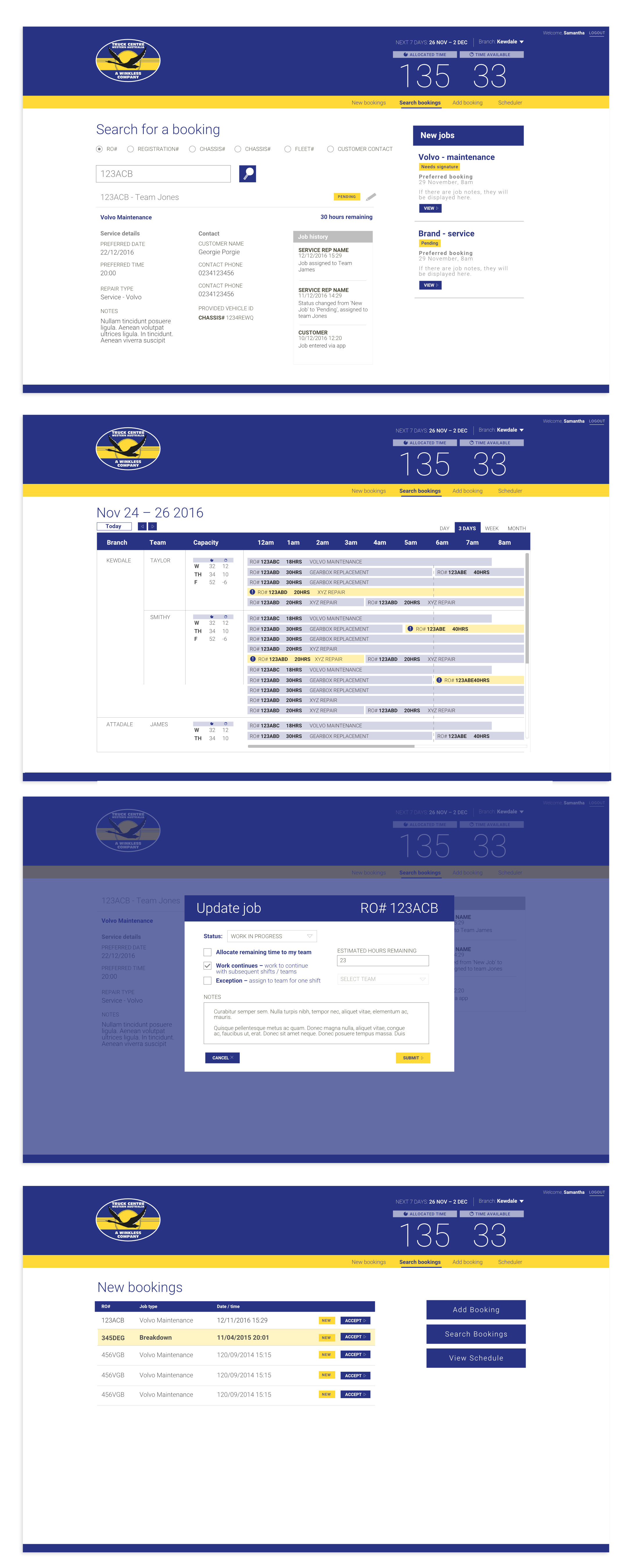 UI designs by Charlotte Clark for Truck Center WA scheduling web-app